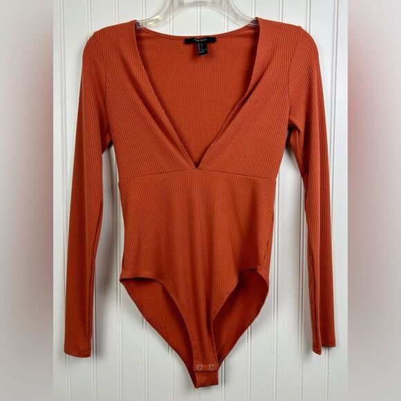 Forever 21 Tops - Forever 21 Bodysuit Sz S Deep Stretchy V-neck Long Sleeve Orange